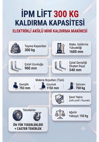 Elektrikli Akülü Mini İstifleme - Kaldırma Makinesi 300 Kg Kapasiteli