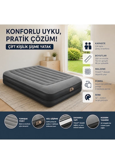Altınkaya Ticaret Çift Kişilik Şişme Yatak + Pompa 67403 Gri - Siyah