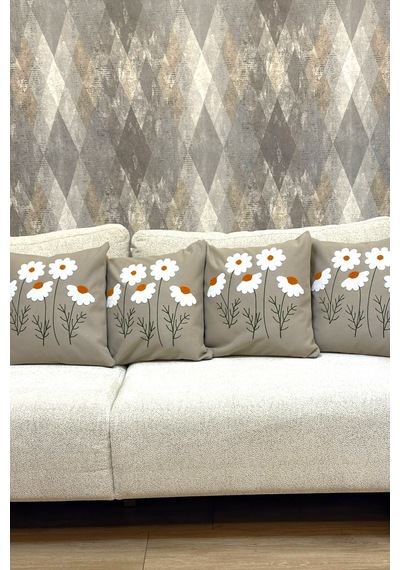 4 Lü Dekoratif Pamuklu Kırlent Kılıfı Seti 4 Papatya Modern Boho Etnik Çift Katlı Kumaş Bej Bej