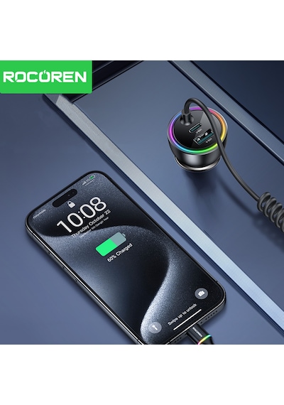 Rocoren 70w 3 Portlu 2 Type-c 1 Usb-a Spiral Kablolu Led Işıklı Araç İçi Hızlı Şarj Cihazı