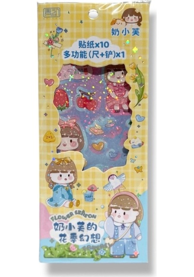 Kawaii Sevimli Karakter Çiçekli Sticker Seti, 10 Yapışkanlı Etiket, Cetvel Çok Renkli