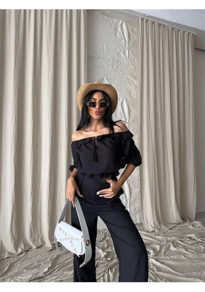 Defymoda Keten Madonna Yaka Kol Hasır Şerit - Pantolon Takım - Siyah Siyah