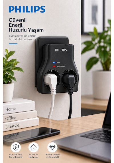Philips Chp7022b/62 İkili Akım Korumalı Priz 1140j Aşırı Gerilim Koruma Yok