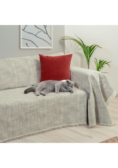 Purecot Premium Pamuklu Püsküllü Koltuk Örtüsü 180x300 Large Çift Taraflı Terletmez Kaymaz, Açık Kahve Diğer