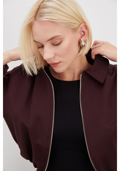 Fullamoda Fermuarlı Polo Yaka Bomber Ceket Mürdüm