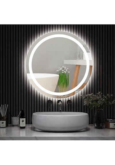 Nuun Dekor 60cm Beyaz Ledli Kumlamalı Yuvarlak Banyo Aynası Dekoratif Duvar Aynası Prizli. Beyaz - Gümüş