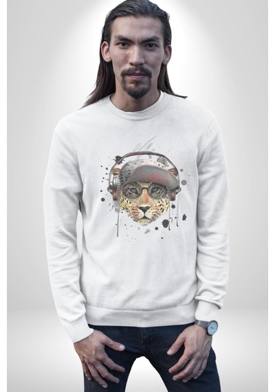 Pop Art Kaplan Müzik Kulaklık Güneş Gözlüğü Unisex Beyaz Baskılı Sweatshirt Beyaz