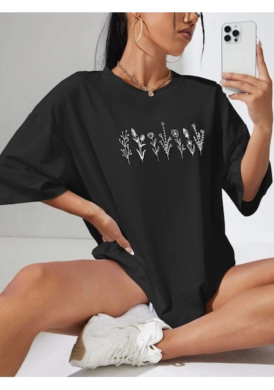 Modi Baskılı Oversize T-shirt - Siyah - Mymg146038