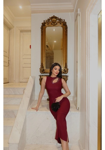 Kechi Woman Ottoman Kumaş Damla Taşlı Bordo Elbise