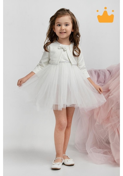 Babyhola Minimony 6-24 Ay Mine Desen Ceketli Kız Bebek Çocuk Bayramlık Abiye Gelinlik Elbise Takım 1013 Beyaz