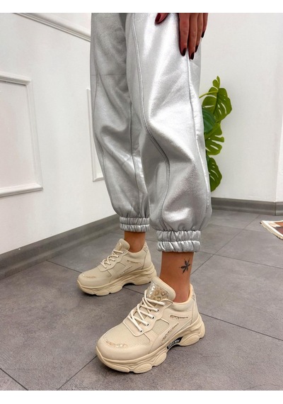 Erva'nın Butiği Bej Cilt Leo Leopar Detaylı Kadın Bağcıklı Sneakers-5201