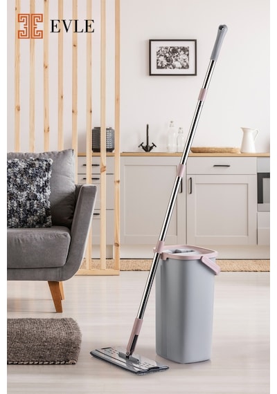 Lavine Premium Flat Mop Seti Gri, Su Tahliyeli Kova, Paslanmaz Çelik Sap