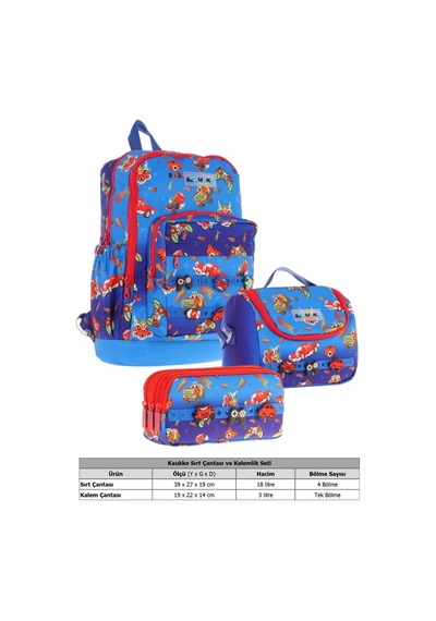 Kaukko Kids Üçlü İlkokul 1.2.3.4. Sınıf Okul Çanta Seti - Mavi Kırmızı - Erkek Çocuk - Silikon Aksesuarlı Mavi - Kırmızı