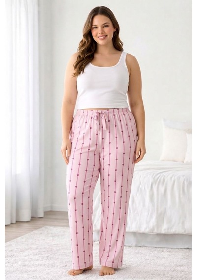 Viskon Pamuklu Kadın Büyük Beden Açık Pembe Desenli Pijama Pantolon - Mgb007 - Mudanis