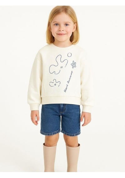 Kız Çocuk Çiçek Desenli Sweatshirt-16138 KREM