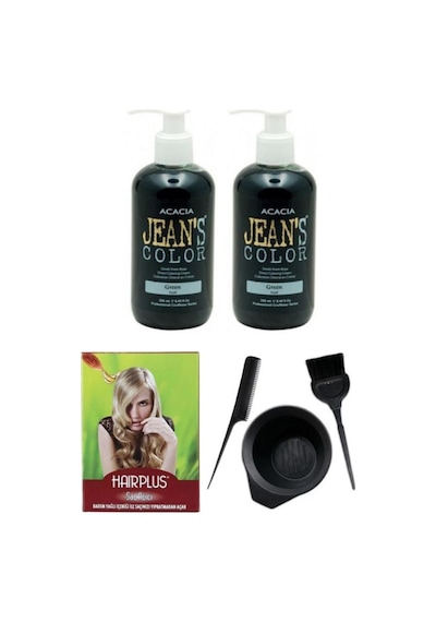 Jeans Color Saç Boyası Yeşil 250ml 2ad, Saç Açıcı ve Fluweel Saç Boya Kabı Seti