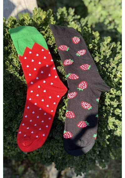 Lousocks Unisex Sağlı Sollu Çilek Desenli Soket Çorap Kırmızı