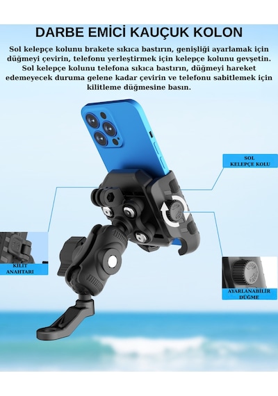 Motosiklet Telefon Tutucu Gidon Ve Ayna Uyumlu, Hırsızlık Önleyici, Titreşim Emici