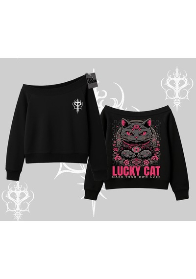 Lucky Cat Japon Tarzı Kedi Baskılı Kayık Yaka Sweatshirt Siyah