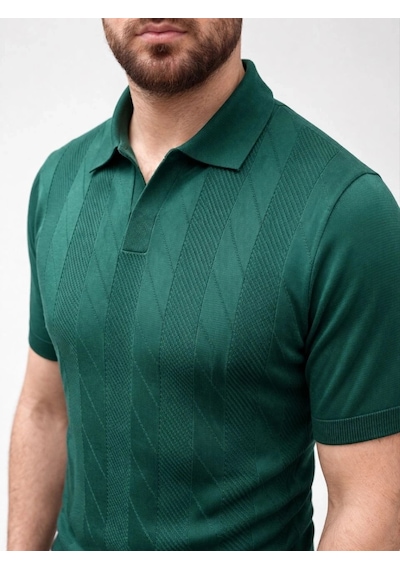 Erkek Yazlık Triko Dokuma Tişört Kısa Kol Polo Yaka T-shirt - Koyu Yeşil
