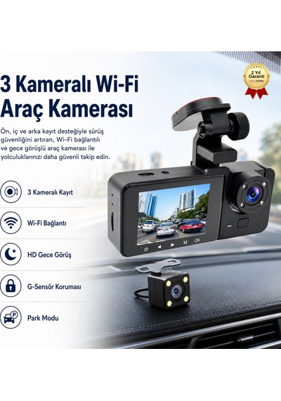 Ön İç Arka 3 Kameralı Wi-fi Gece Görüş, G-sensör Ve Park Modu Araç Kamerası-1709