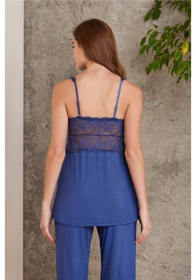 Pierre Cardin Dantelli Sabahlıklı Penye Pijama Takımı Lacivert 001