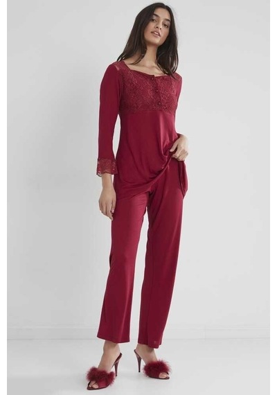 Pierre Cardin Kadın Penye Dantelli Pijama Takımı 1241 Bordo 001