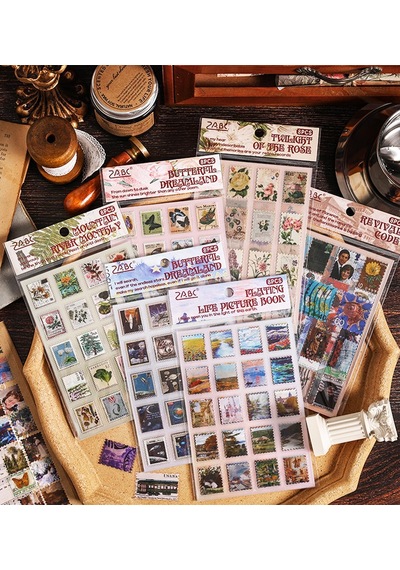 Vintage Pul Desenli Sticker Seti 4 Sayfa Scrapbook Etiketi 1