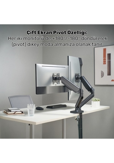 Npo Std46024e Airgrip 17"-32" Ergonomik 360 Amortisörlü Vesa Çift Kol Monitör Tutucu