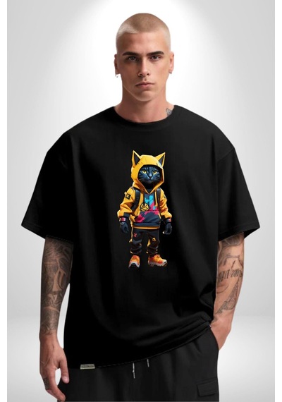 Spor Eşofman Takımı Sarı Kedi İnsan Pamuklu Bisiklet Yaka Unisex Oversize Boyfriend Dijital Baskılı Siyah T-shirt Siyah
