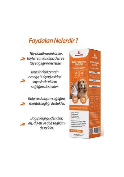 Kedi Ve Köpekler İçin Tüy Dökülmesini Önleyici Omega 3-6 Premium Balık Yağı 200 Ml Yüksek Epa & Dha