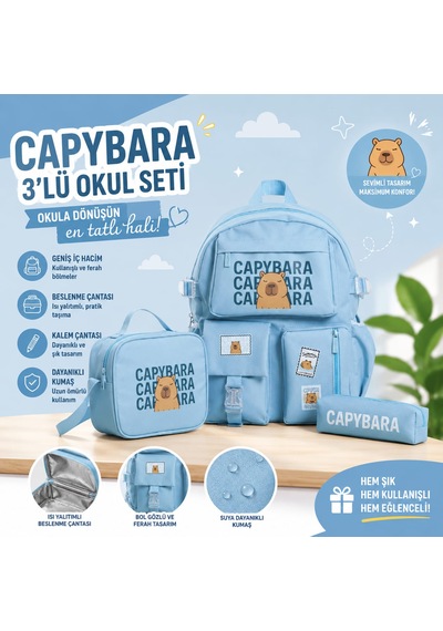 Capybara Desenli 3 Parça İlkokul Ortaokul Çanta Seti Sırt Çantası Beslenme Çantası Kalemlik Mavi