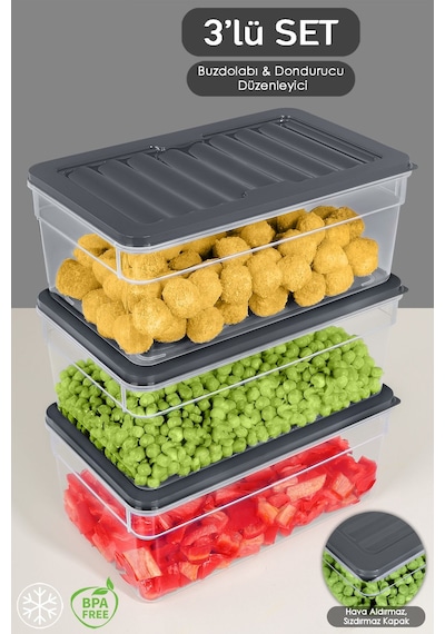3'lü Derin Mikrodalga Uyumlu Organizer Set Düzenleyici Gıda Erzak Saklama Kabı 2500 ML Antrasit