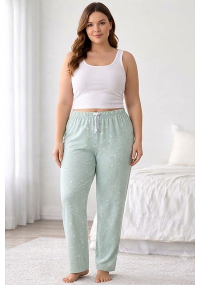 Viskon Pamuklu Kadın Büyük Beden Açık Gri Desenli Pijama Pantolon - Mgb008 - Mudanis