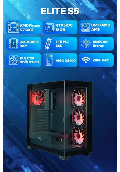 Game Garaj Elite S5 R5-7500F 32 GB 1 TB SSD RTX5070 Free Dos Oyuncu OEM Paket