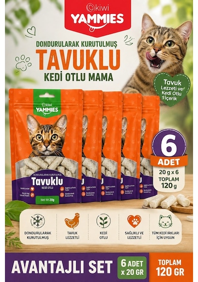 Kiwi Pets Kyct-50355 Yammies Dondurularak Kurutulmuş Tavuklu Kedi Otlu Mama 6 20 G