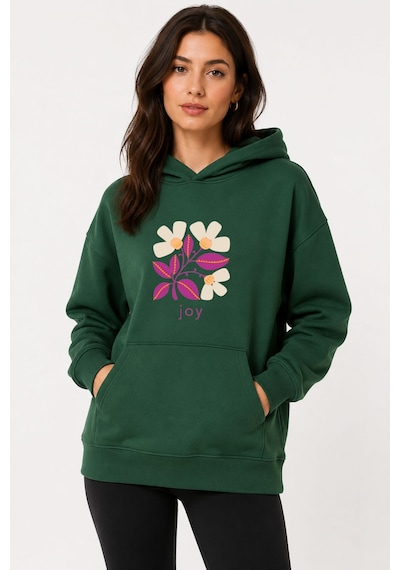 Herkesemoda Joy Çiçek Baskılı Kapüşonlu 2 İplik Şardonlu Sweatshirt Yeşil