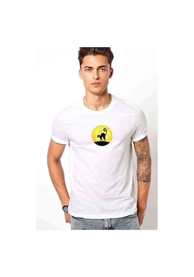 Black Cat In The Moon Baskılı Beyaz Erkek Tshirt