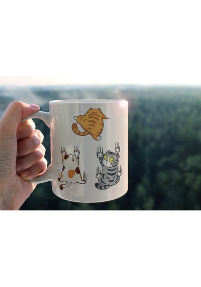 Kedi Baskılı Seramik Kahve Çay Kupası Beyaz