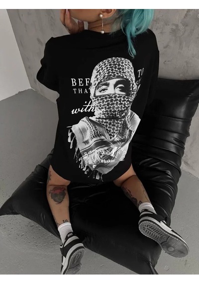 Modi Unisex Baskılı Oversize T-shirt - Siyah - Mymg98300