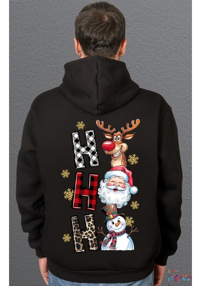 Bumeta Yılbaşı Hoodie Ho Ho Ho Noel Geyik Santa Kardan Adam Baskılı Sweatshirt Unisex Kapüşonlu Hoodie Siyah