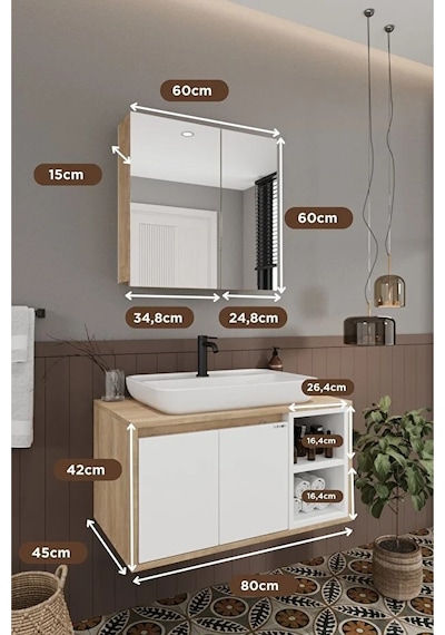 Lale Beyaz 80 Cm %100 Mdf Lavabolu Banyo Dolabı + Aynalı Dolap Beyaz Meşe Lale Beyaz 80 Cm %100 Mdf Lavabolu Banyo Dolabı + Aynalı Dolap Beyaz Meşe