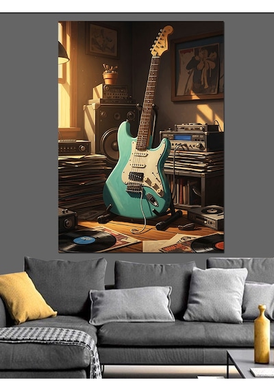 Ahşap Tablo Çalışma Odasındaki Mavi Elektrogitar