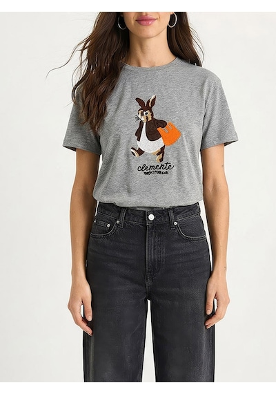 Shade Kadın Rabbit Nakışlı İşlemeli Bisiklet Yaka Basic T-shirt 7532 60283953 - Gri