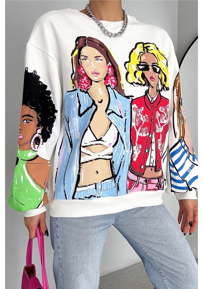 Femelle Kadın Beyaz 3 İplik Şardonlu Baskılı Oversize Pamuk Sweatshirt