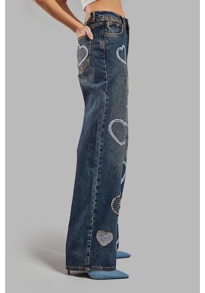 it's basic Kadın Kot Rengi Parlak Taşlı Kalp Detaylı Bol Kesim Tasarım Denim Jean Mavi