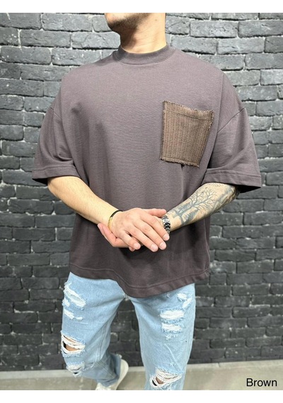 Cep Detaylı Oversize Tshirt Kahverengi