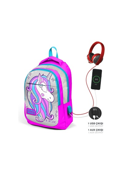 Coral High Okul Sırt Çantası Ve Beslenme Çantası Seti - Kız Çocuk Pembe Unicorn - Usb Soketli