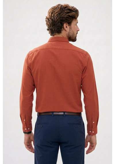Tudors Erkek Slim Fit Dar Kesim %100 Pamuk Düğmeli Yaka Flam Keten Turuncu Gömlek-50275