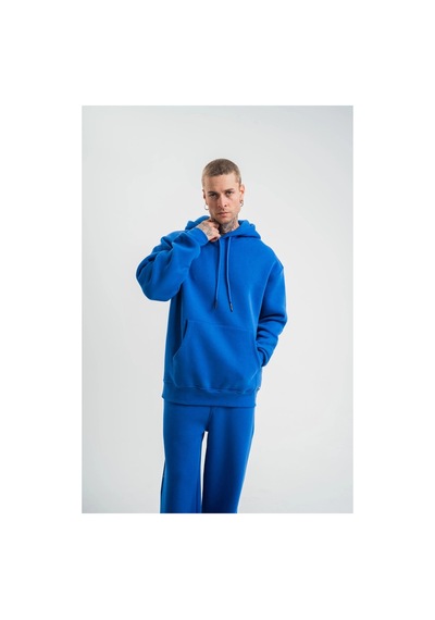 Erkek 3 İplik Oversize Kapşonlu Basic Sweatshirt Hoodie - Mavi